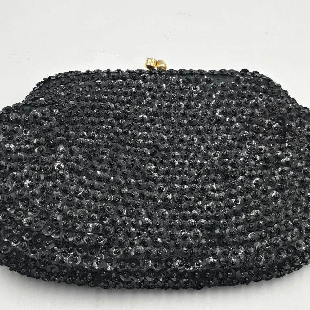 By Simon Ernest Blum Vintage Evening Clutch Purse Black Beaded Sequin Kiss Lock